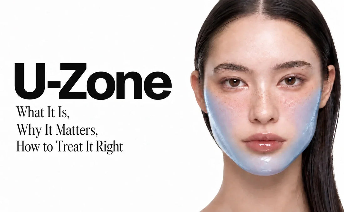 U-Zone skincare banner featuring a woman with a blue gel effect highlighting her cheeks, jawline, and chin.