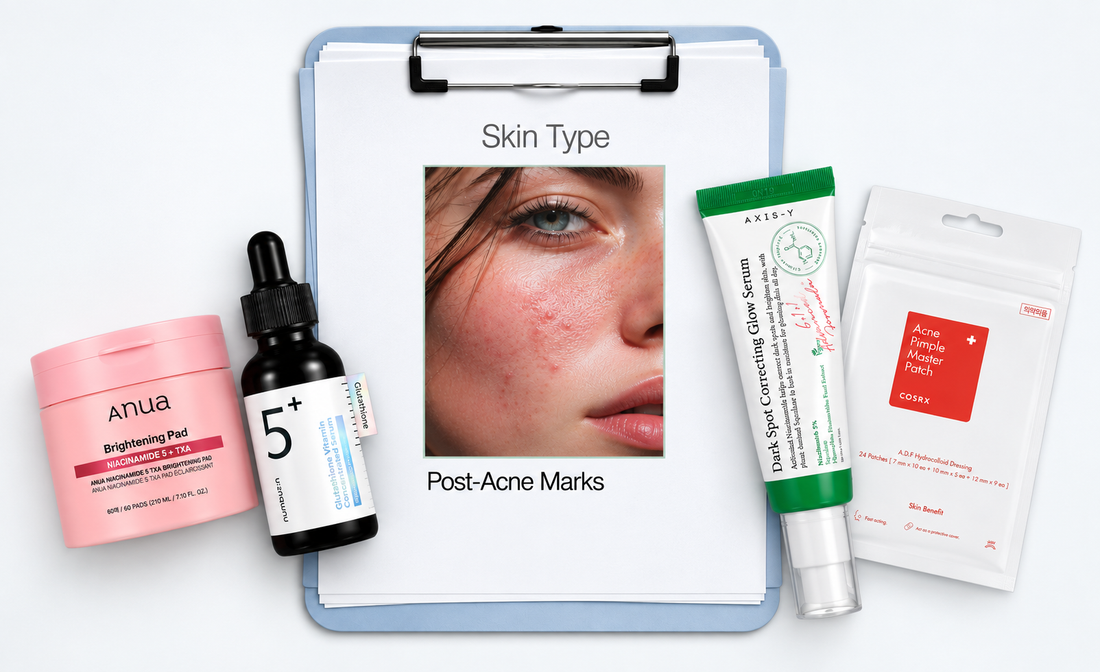 Post-acne marks skincare routine featuring Anua Brightening Pad, Numbuzin Glutathione Serum, AXIS-Y Dark Spot Correcting Glow Serum, and COSRX Acne Pimple Master Patch.