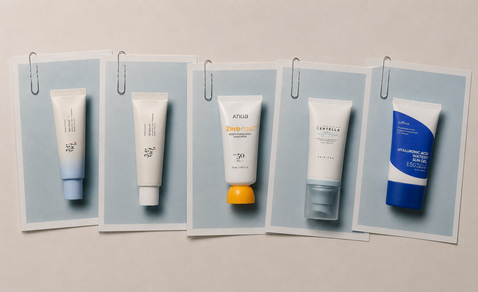 Comparison of five popular Korean sunscreens, featuring Beauty of Joseon, Anua, SKIN1004, and Isntree sun protection products.
