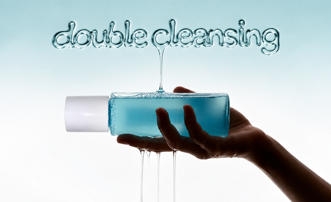Glossy liquid-glass lettering spelling “double cleansing” drips onto a blue skincare bottle held in a hand, with flowing water against a minimalist white and pale blue background.