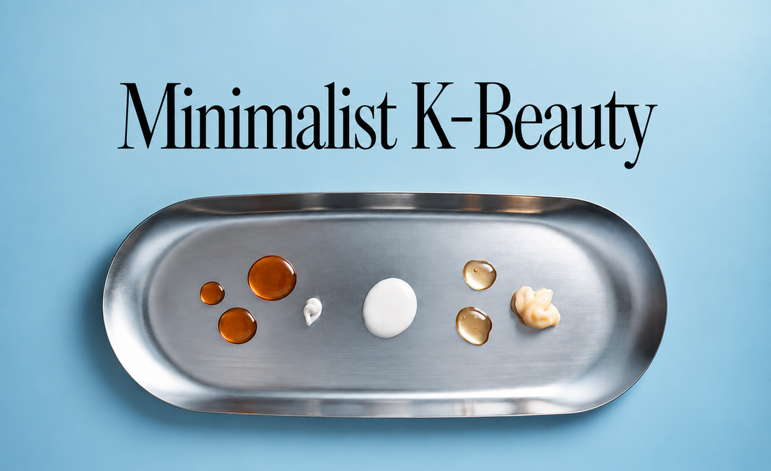 Minimalist K-Beauty skincare textures displayed on a silver tray against a soft blue gradient background
