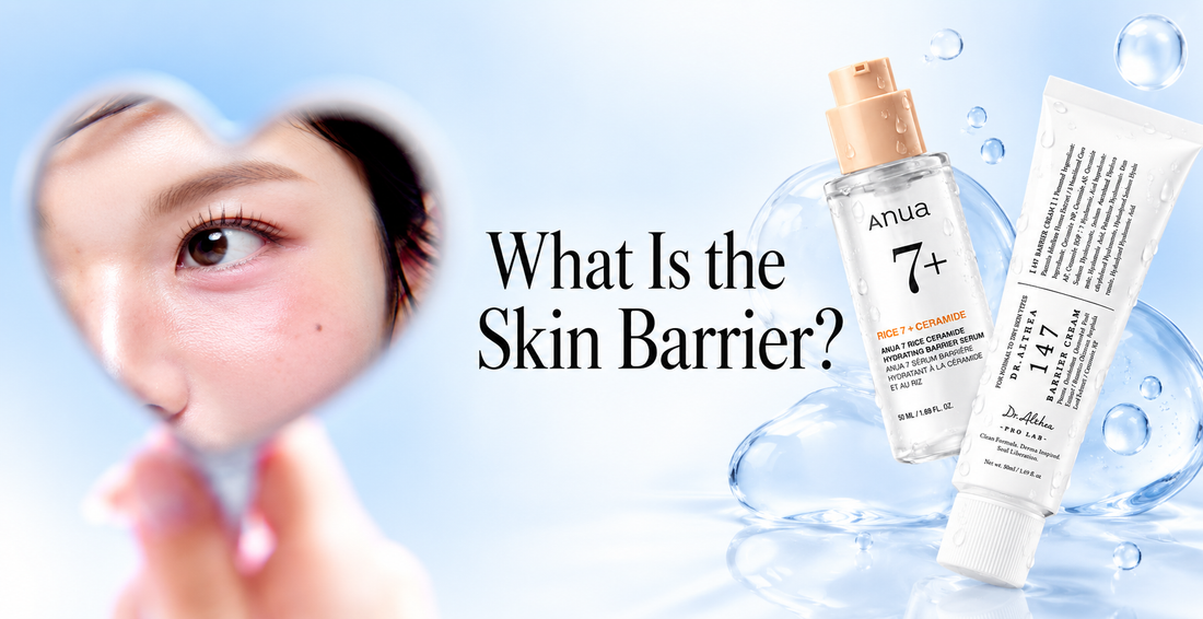 A skincare editorial image featuring a close-up of dewy skin framed by a heart shape, alongside Anua Rice 7+ Ceramide Serum and Dr. Althea 147 Barrier Cream, with the headline “What Is the Skin Barrier?” on a soft blue-and-white background.