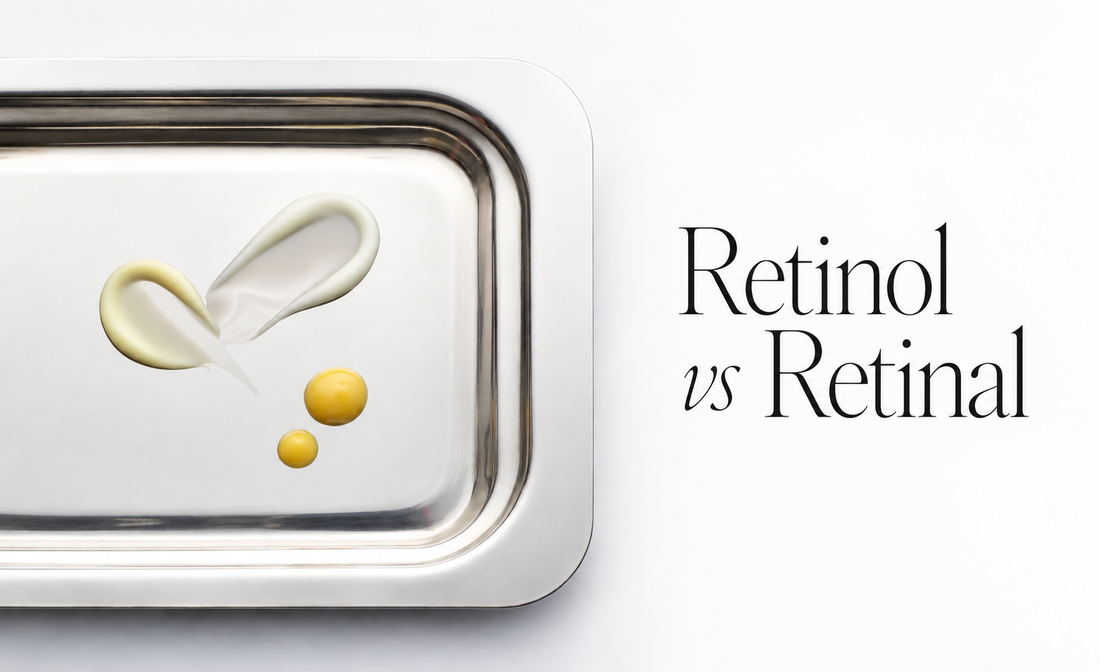 Retinol vs retinal skincare comparison featuring serum textures, highlighting two popular vitamin A ingredients used for anti-aging and skin renewal.