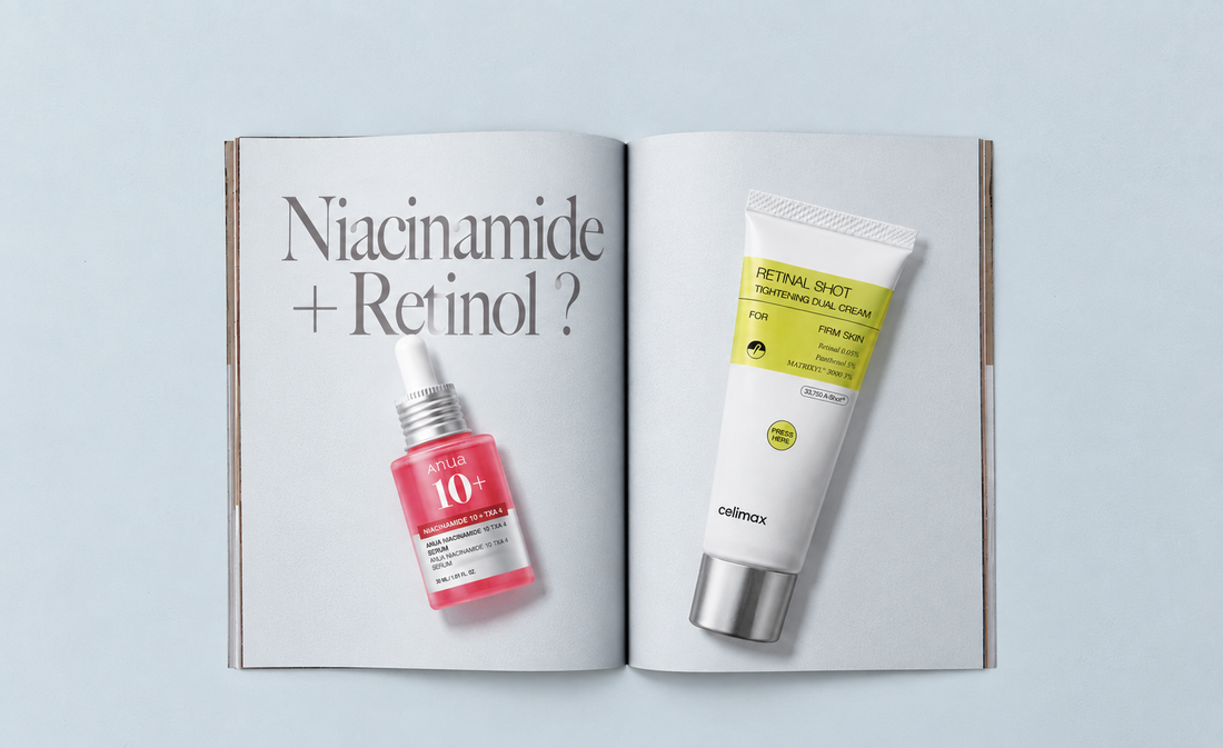 Open magazine featuring Anua Niacinamide 10+ serum and Celimax Retinal Shot cream, with the headline “Niacinamide + Retinol?” on a soft blue-gray background.