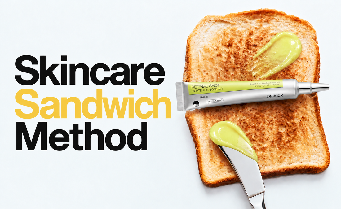 “Skincare Sandwich Method” graphic featuring a Celimax Retinal Shot Tightening Booster tube on a slice of toasted bread with yellow-green cream and a silver applicator, alongside bold black and yellow typography on a clean white background.