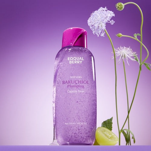 Bottle of EQQUALBERRY Bakuchiol Plumping Capsule Toner with flowers on a purple background