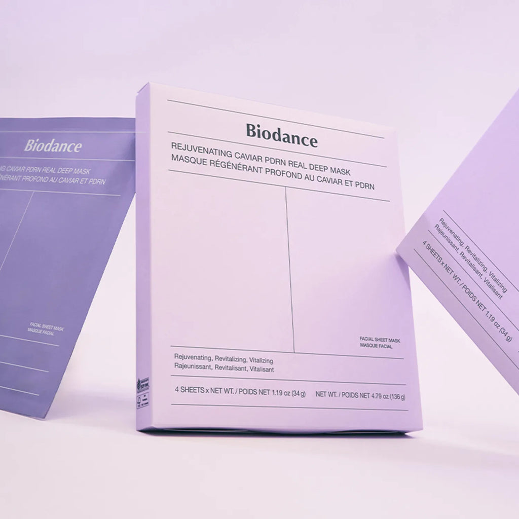 Biodance Rejuvenating Caviar PDRN Real Deep Mask packaging on a light purple background