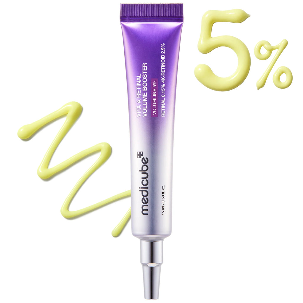 A squeeze tube of Medicube Vita A Retinal Volume Booster with a purple-to-silver gradient, shown on a white background with yellow cream squirts and a '5%' graphic.