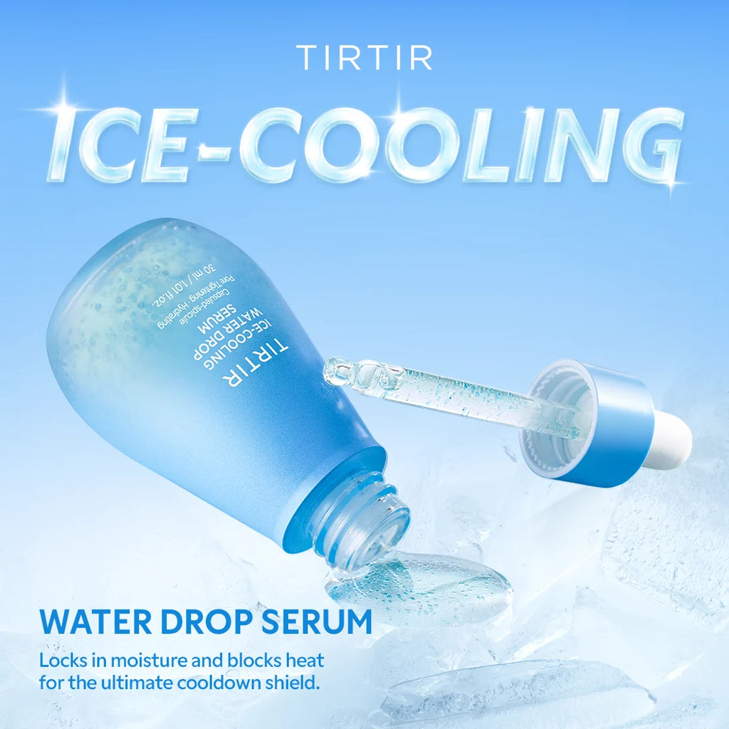 TIRTIR Ice-Cooling Water Drop Serum with dropper on a blue background