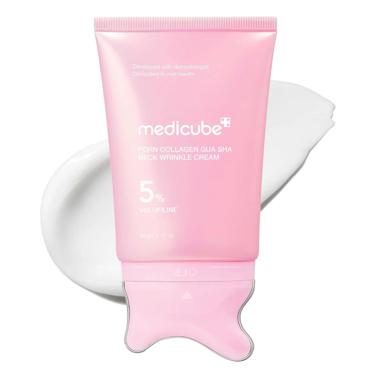A pink squeeze tube of Medicube PDRN Collagen Gua Sha Neck Wrinkle Cream, shown with a white cream smear behind it on a white background.