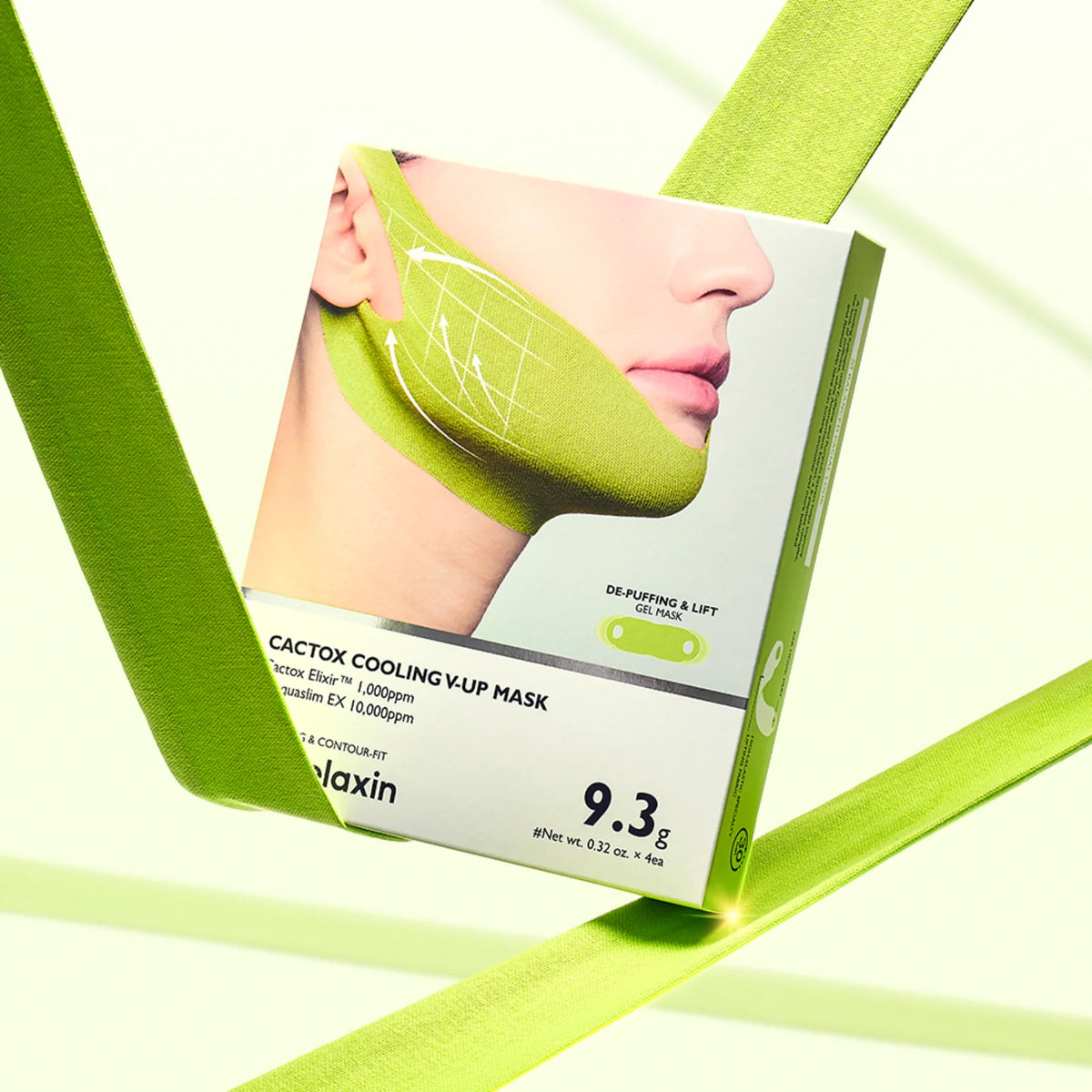 Dr.Melaxin Cactus Cooling V-up Mask packaging with a woman's face on a green and white background