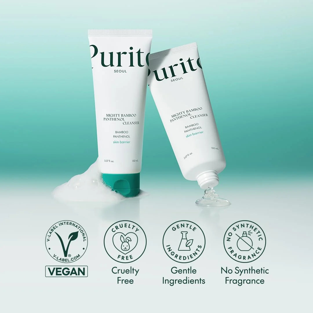 Two tubes of Purito Mighty Bamboo Panthenol Cleanser with product features displayed on a gradient background