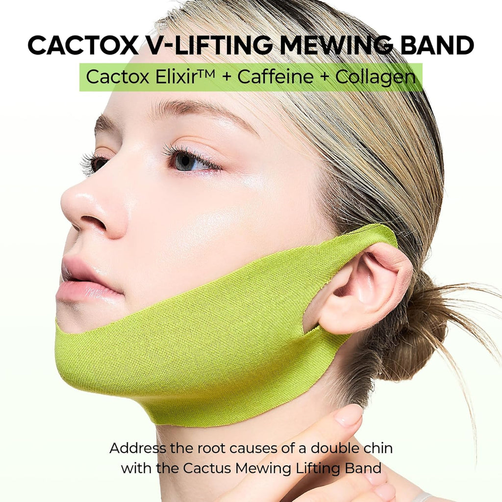 woman wear Dr.Melaxin Cactus Cooling V-up Mask with text in details 