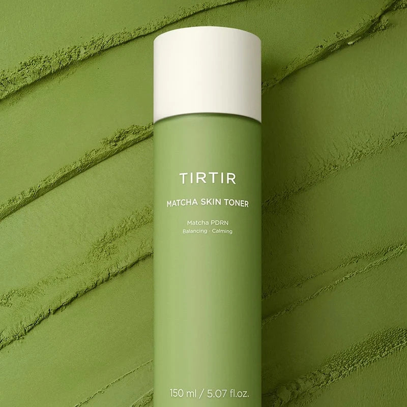 Tirtir Matcha Skin Toner 150ml with white cap on a green textured background