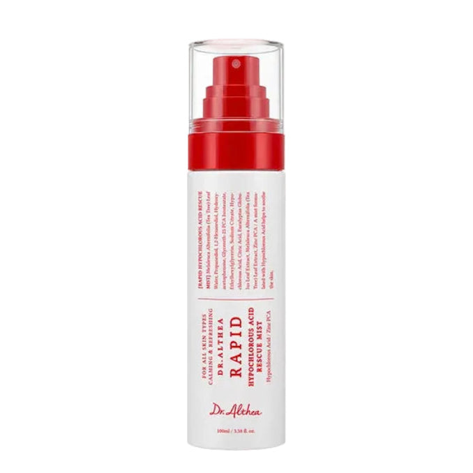 Dr. Althea Rapid Hypochlorous Acid Rescue Mist with a red pump and a clear cap, shown on a white background with a soft reflection.