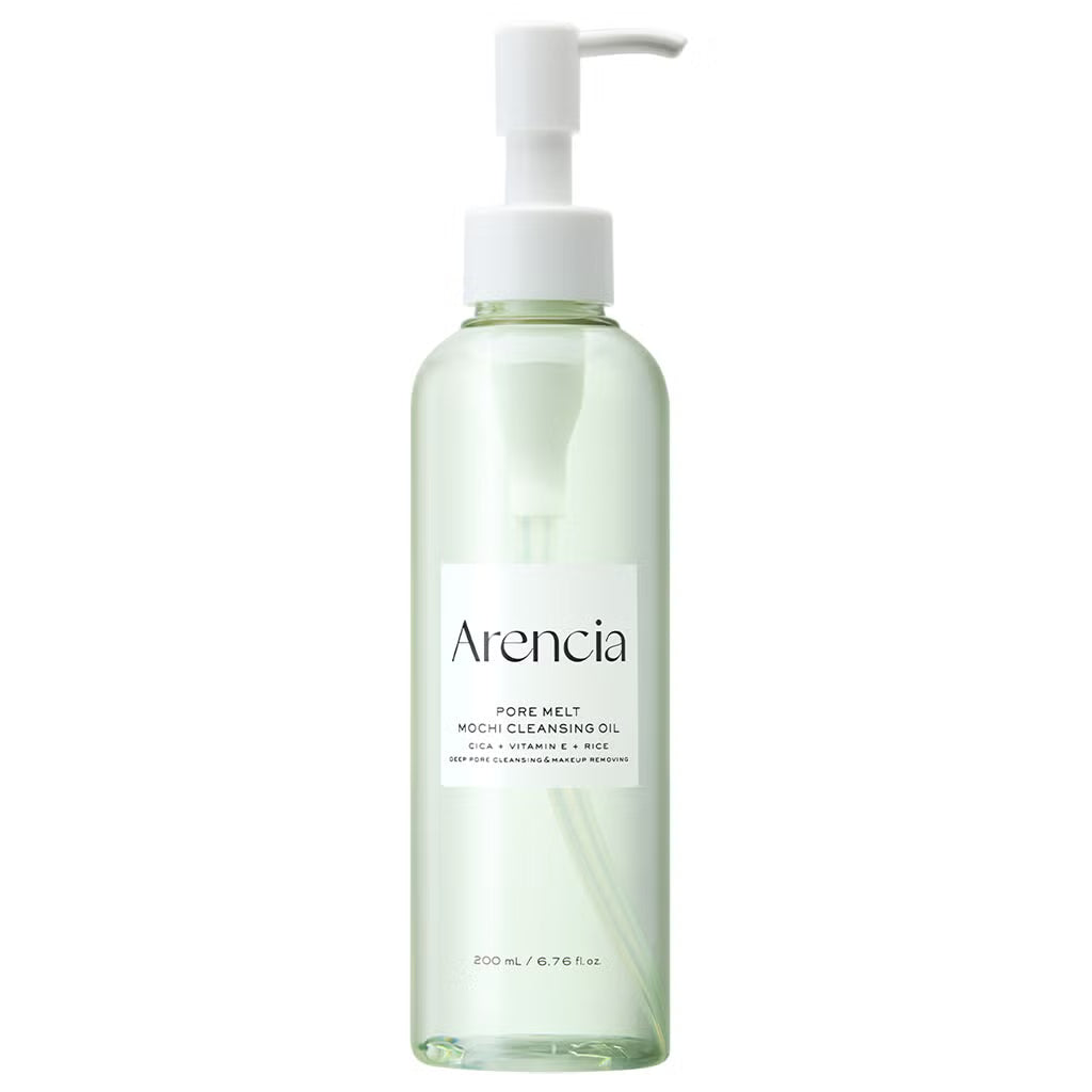 A 200 mL clear bottle of Arencia Pore Melt Mochi Cleansing Oil  with a white pump dispenser, shown on a solid white background.