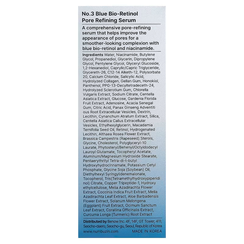 Numbuzin, No.3 Blue Bio-Retinol Pore Refining Serum, 1.01 fl oz (30 ml)