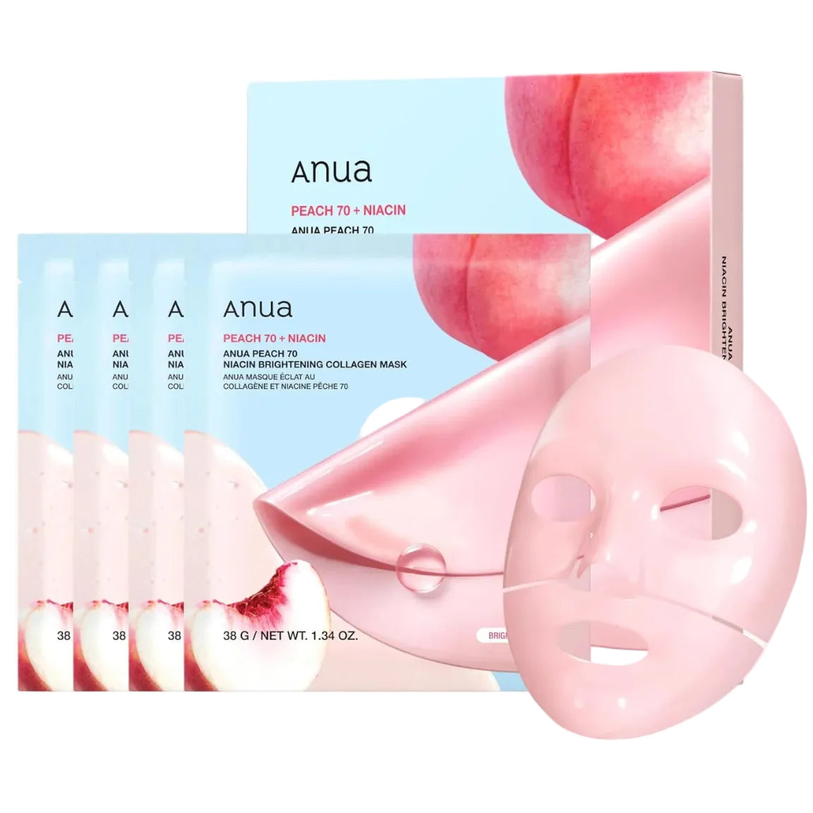 Anua Peach 70 + Niacin brightening collagen facial mask packaging with a pink mask on a light blue background
