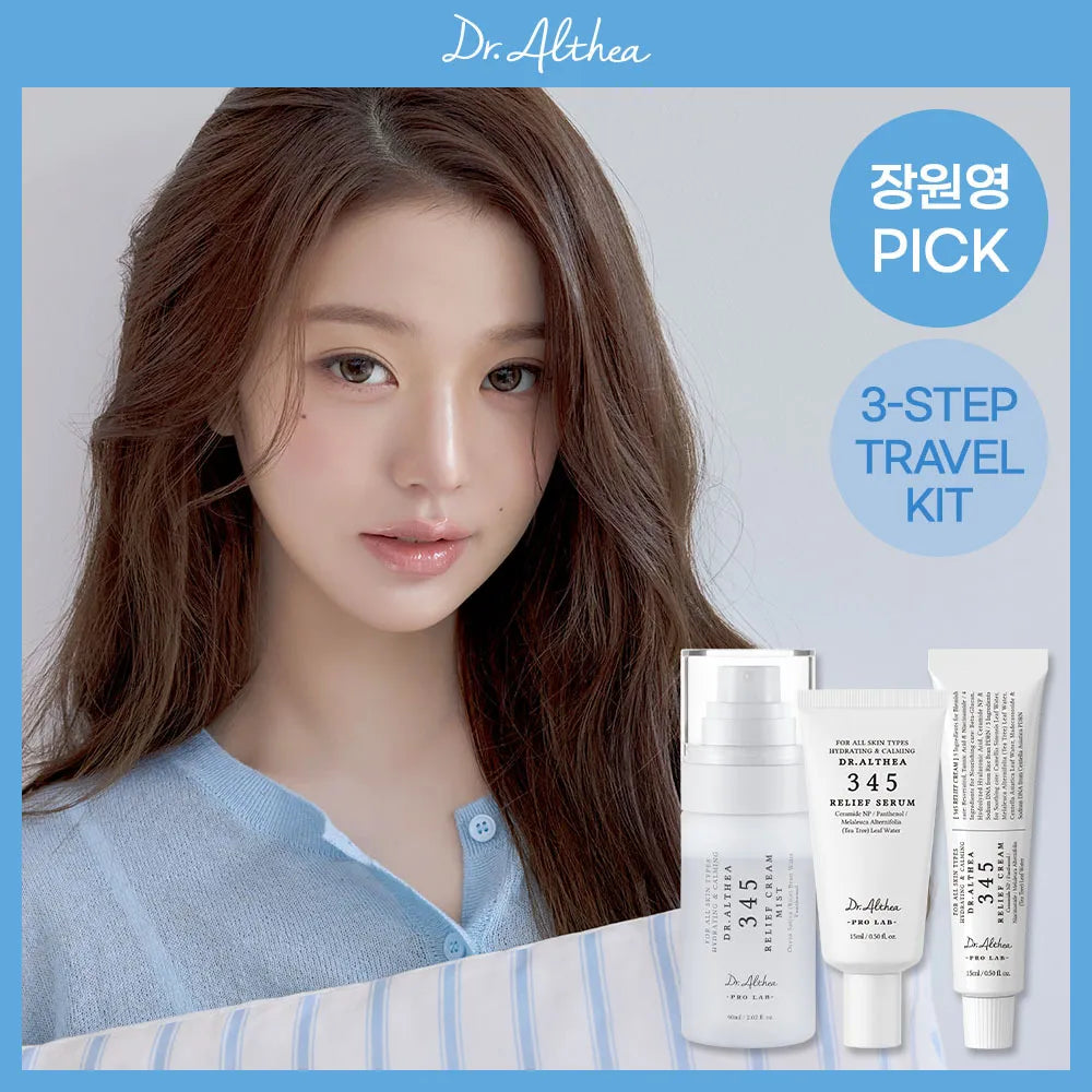 Dr. Althea 3-Step Travel Kit featuring three white skincare bottles and tubes, displayed next to wonyoung wearing a light blue top.