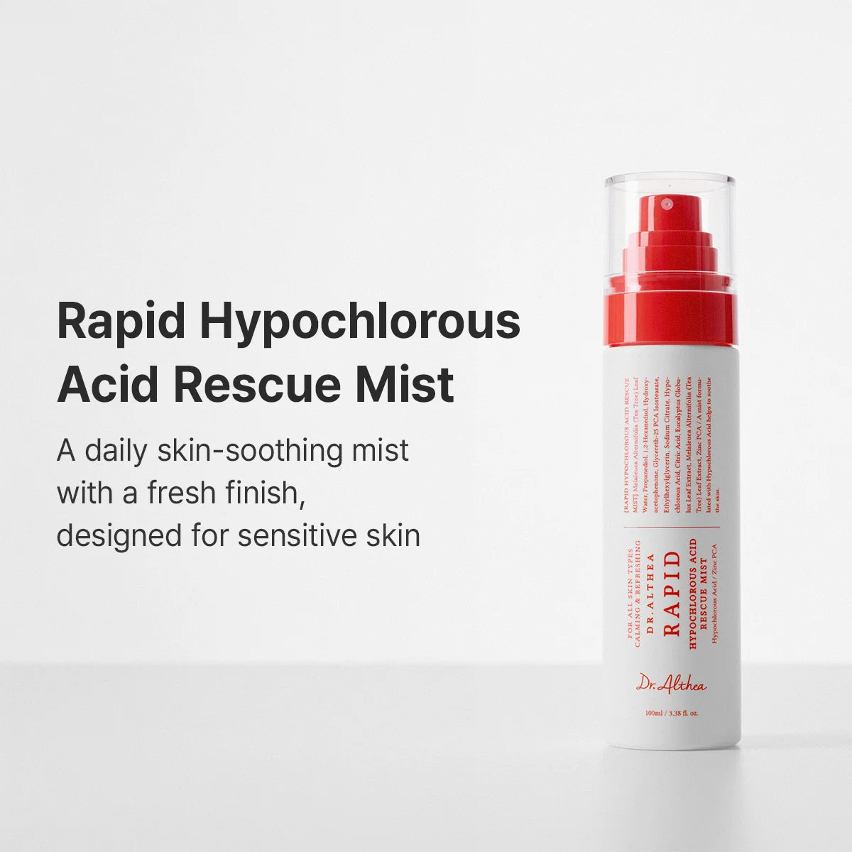 Dr. Althea Rapid Hypochlorous Acid Rescue Mist in a white cylindrical bottle with a red pump and clear cap, shown next to descriptive text on a light gray background.