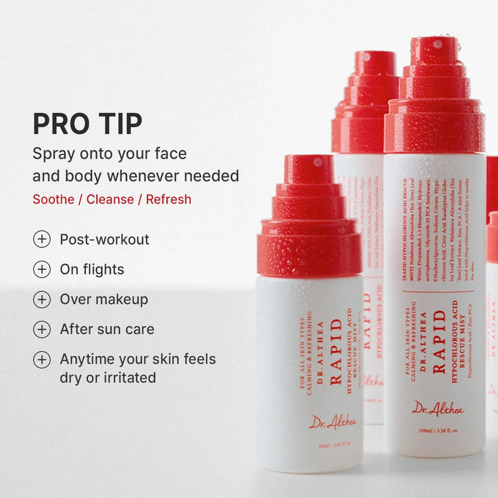 Three Dr. Althea Rapid Hypochlorous Acid Rescue Mist bottles with red caps and white bodies, shown on a light gray background with promotional text on the left.