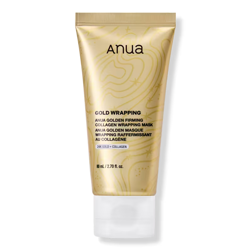 Anua Gold Wrapping Collagen Wrapping Mask in a squeeze tube with a metallic gold design and a clear cap, shown on a white background.
