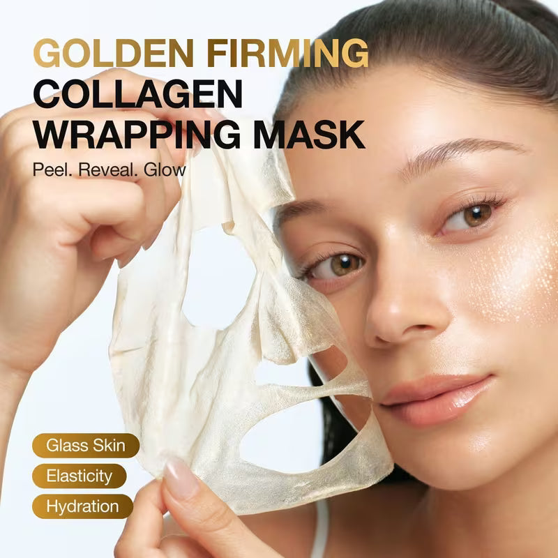 A close-up of a woman holding a translucent, skin-toned collagen anua golden firming collagen wrapping mask against a clean white background, with promotional text reading 'GOLDEN FIRMING COLLAGEN WRAPPING MASK' and feature badges for glass skin, elasticity, and hydration.