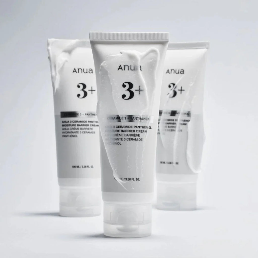 Three Anua 3 Ceramide Panthenol Moisture Barrier Cream 100ml arranged in a row on a light gray background, with the center tube in front and slightly larger.