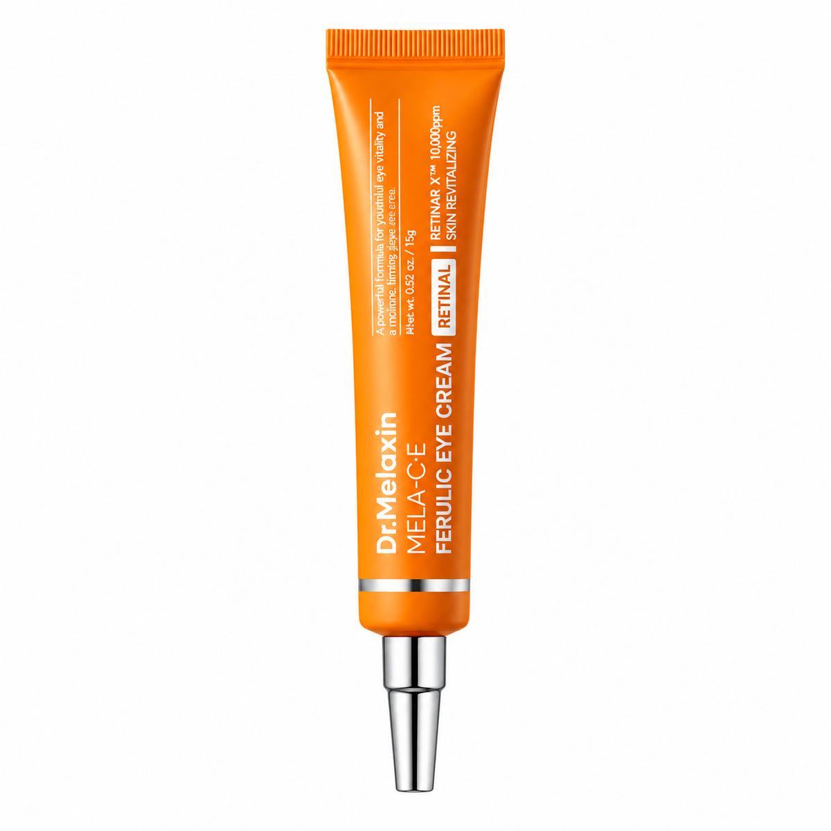 An orange squeeze tube of Dr.Melaxin Mela-CE Ferulic Eye Cream with a silver applicator tip, shown on a solid white background.