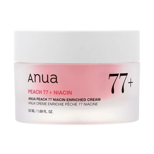 Anua Peach 77 Niacin Enriched Cream in a 50 mL jar with a white lid and a pink and white label.