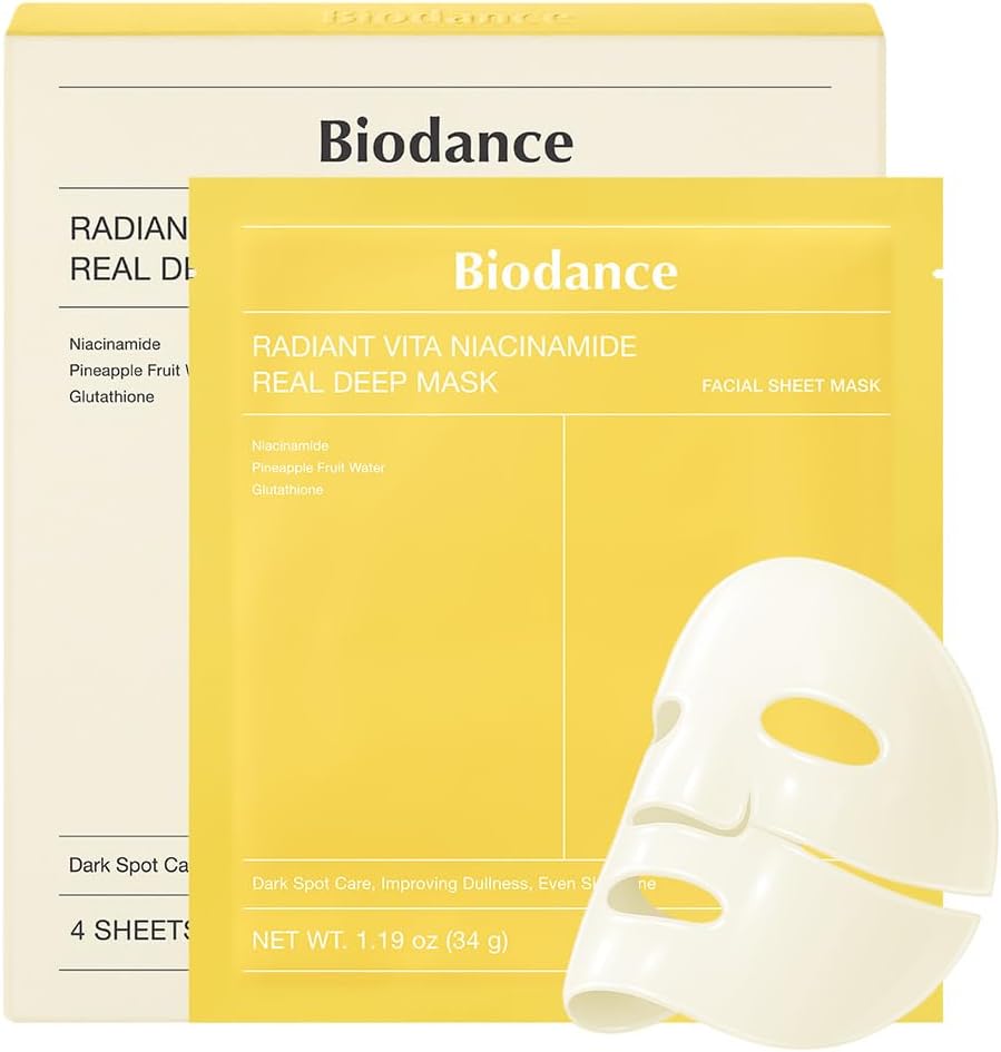 Biodance Radiant Vita Niacinamide Real Deep Mask packaging with a white mask on a yellow background.
