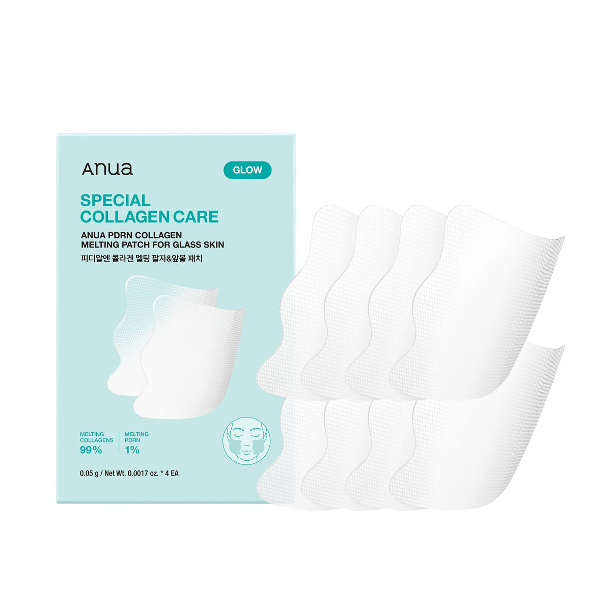 Anua PDRN Special Collagen Care Melting Patch packaging with white patches on a light blue background