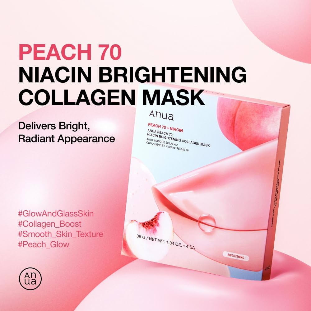 Anua Peach 70 Niacin Brightening Collagen Mask packaging on a pink background