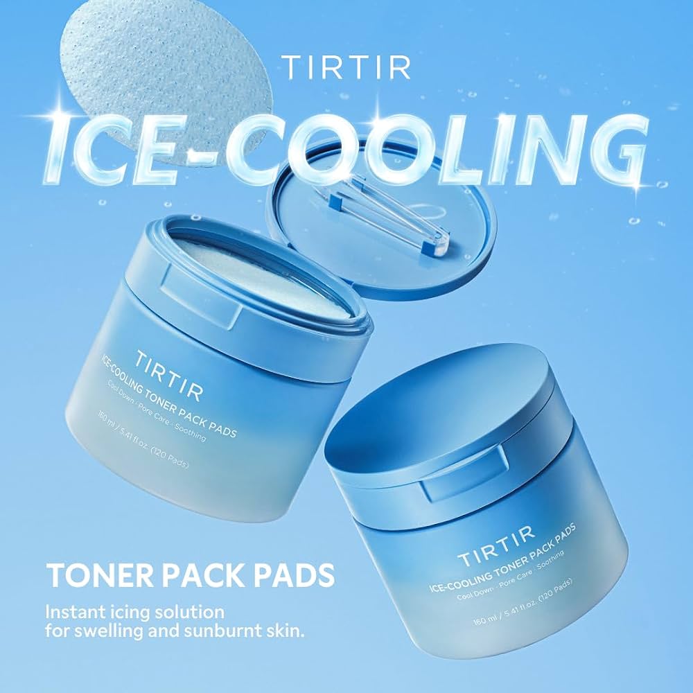 TIRTIR Ice-Cooling Toner Pack Pads with blue containers on a light blue background