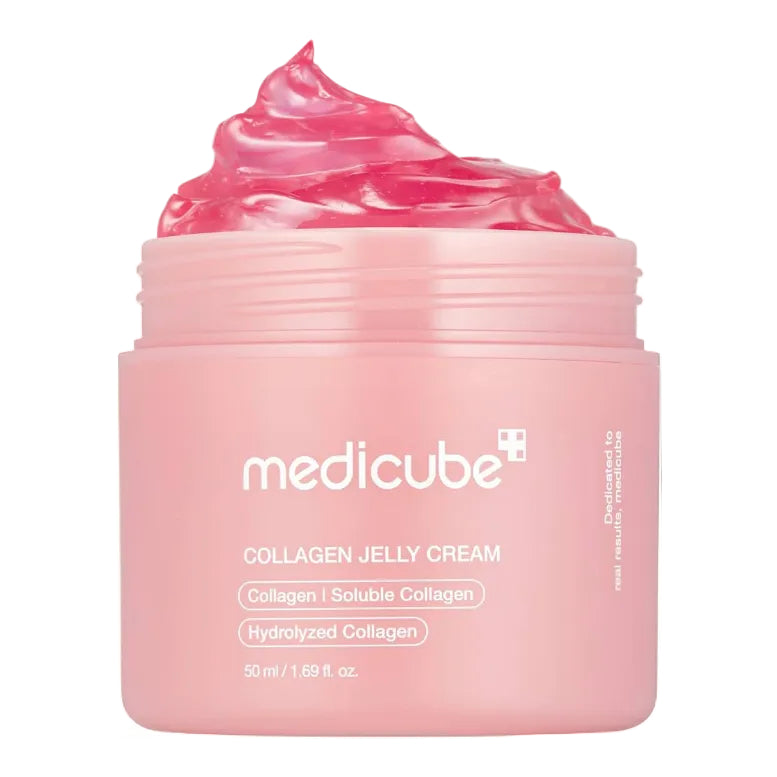 Pink jar of Medicube Collagen Jelly Cream with pink cream on top