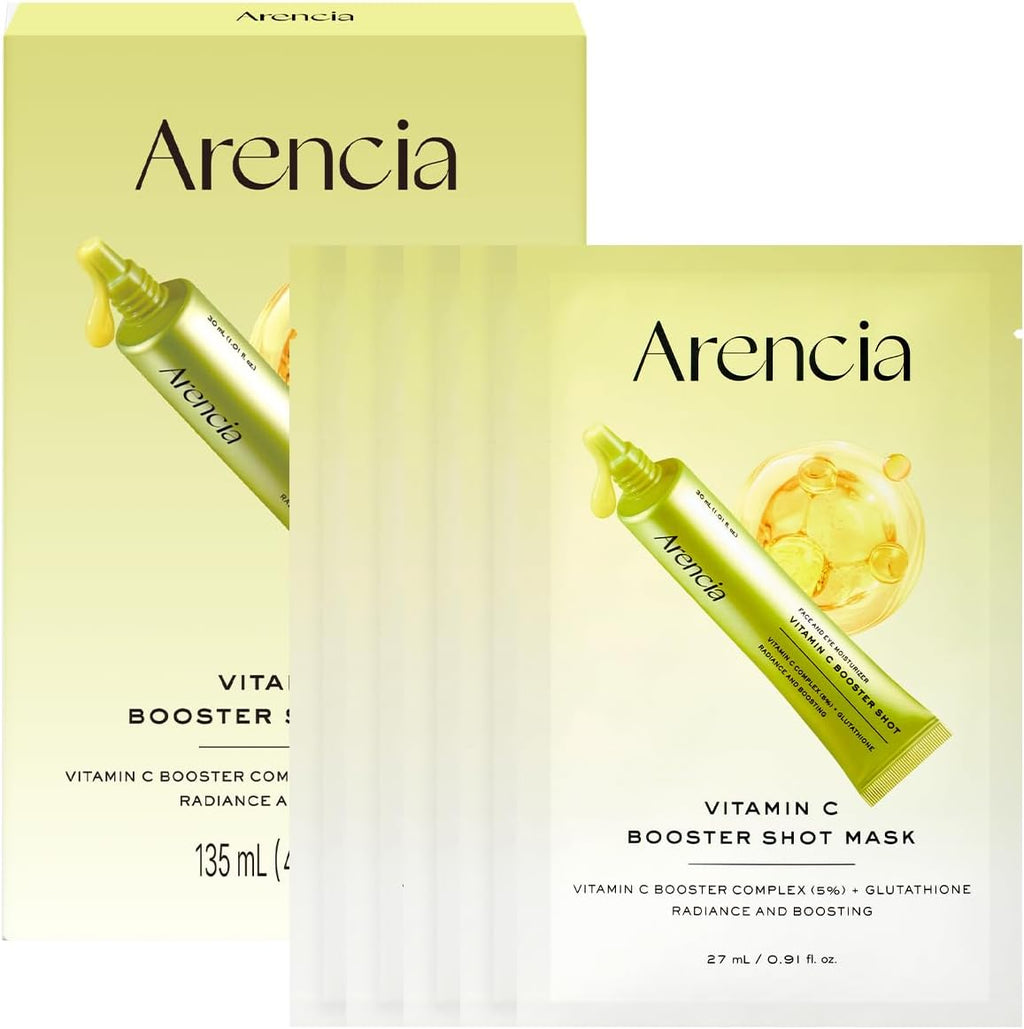 Arencia Vitamin C Booster Shot Maskset, showing the outer product box and an individual single-use packet on a clean white background.