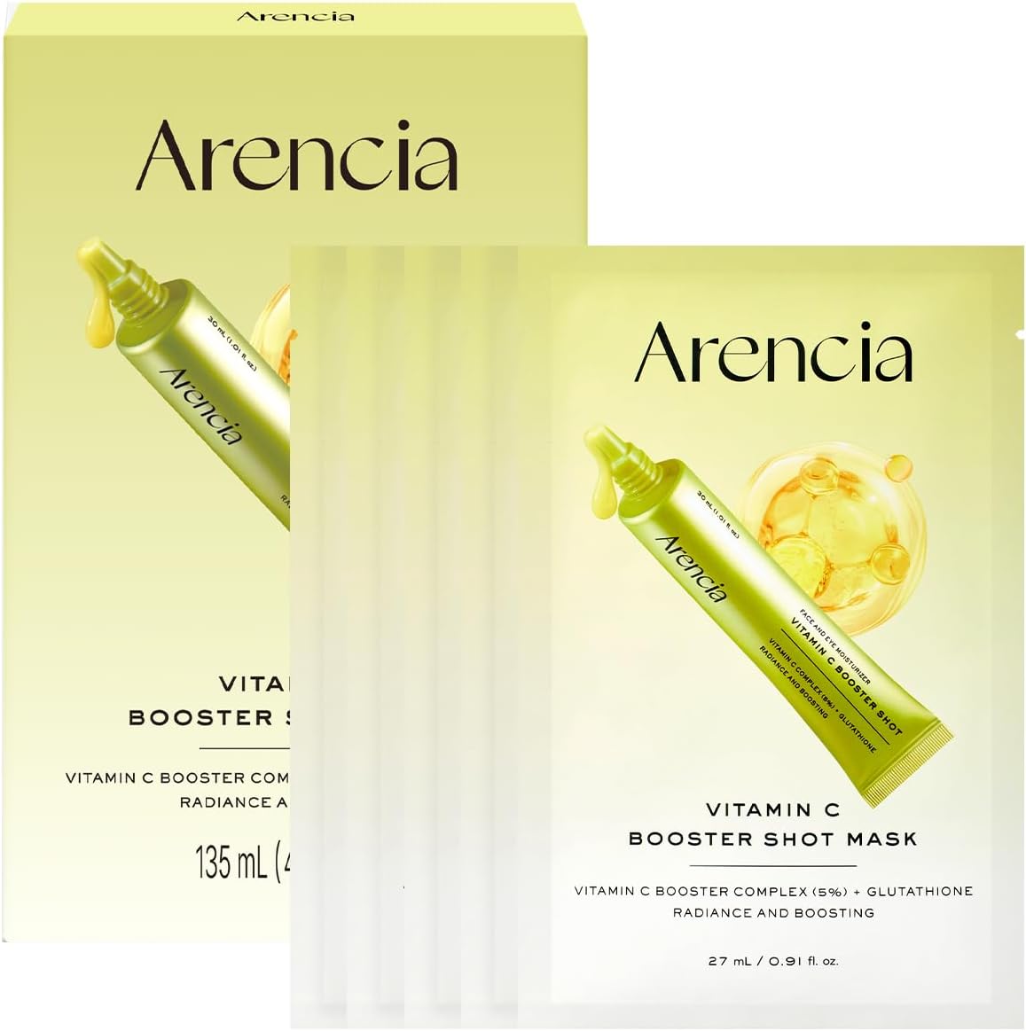 Arencia Vitamin C Booster Shot Maskset, showing the outer product box and an individual single-use packet on a clean white background.