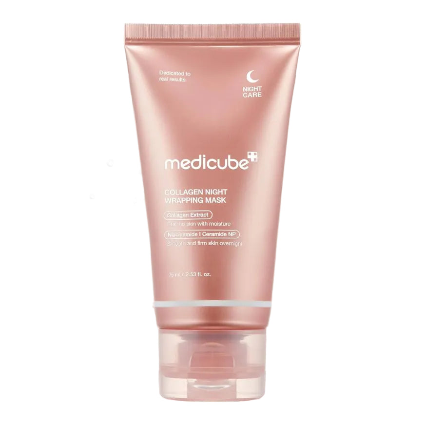 Pink tube of Medicube Collagen Night Wrapping Mask on a white background