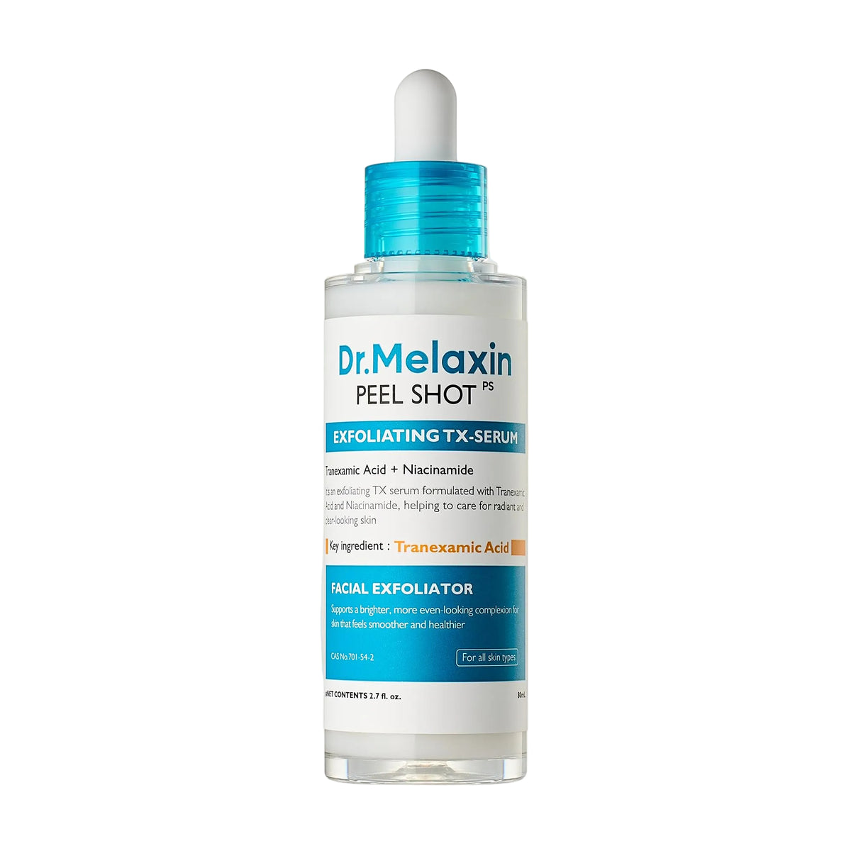 Dr. Melaxin Peel Shot Exfoliating TX-Serum 80ml bottle with dropper on a white background