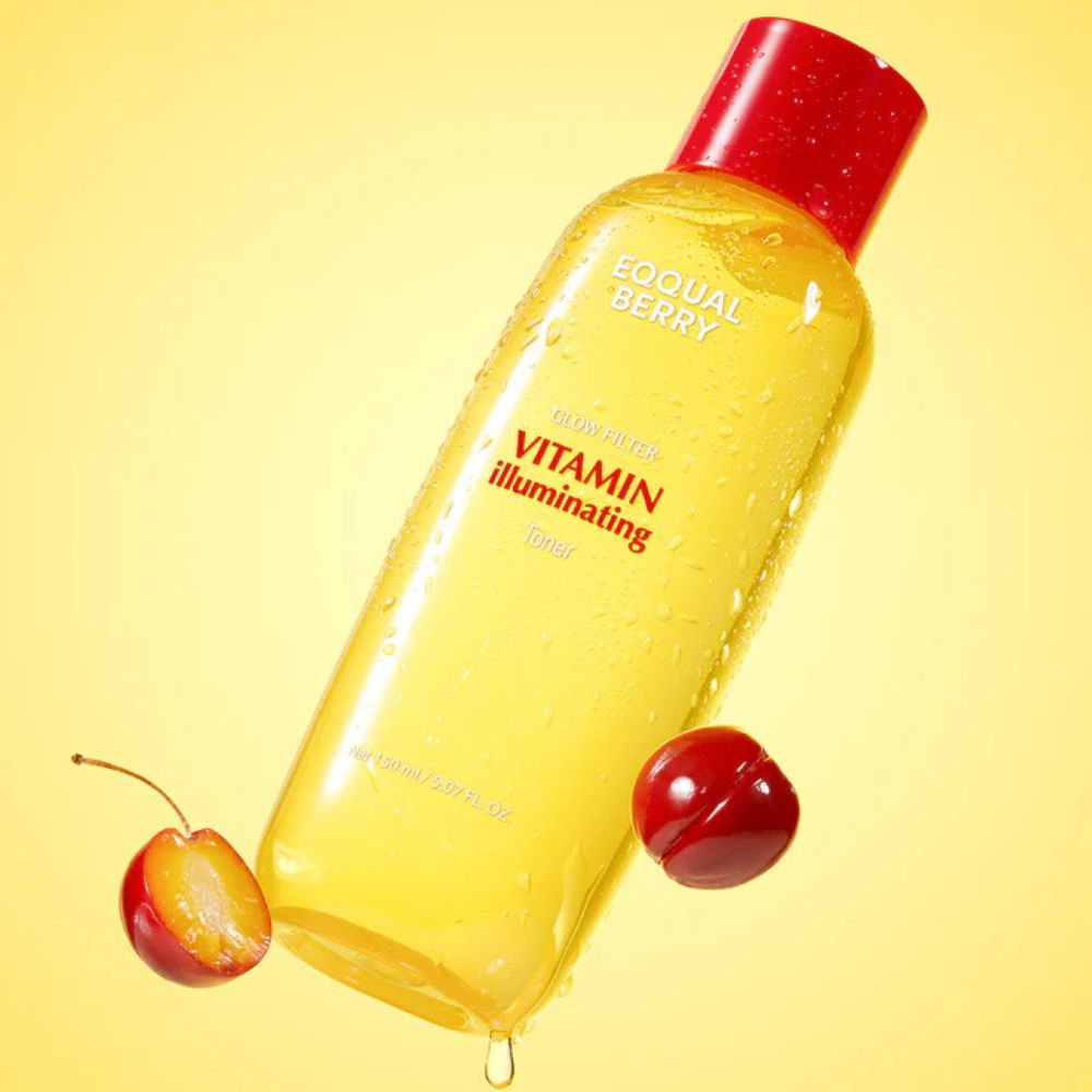 EQQUALBERRY Vitamin Illuminating Toner with a red cap on a yellow background