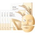 Anua Rice 70 + Ceramide Glow Collagen Mask set, featuring a beige textured sheet mask, five individual sachets, and two outer boxes with a white and beige design decorated with wheat stalks.