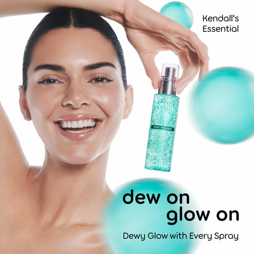 Kendall Jenner holding a bottle of Anua, Dewy Glow PDRN Hyaluronic Acid Hydrating Capsule Mist with a white background.