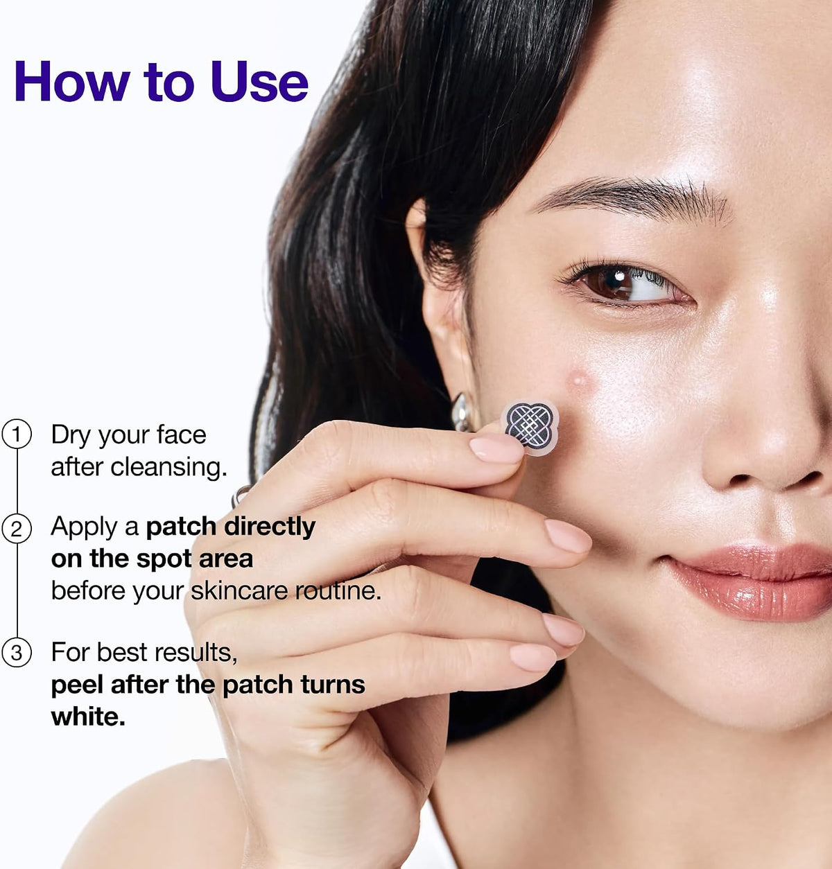 Close-up of a woman applying a small Anua Ultra-Thin Spot Cover Patch to her cheek, with text instructions on how to use the product, including drying the face after cleansing, applying the patch on the spot area, and peeling after it turns white.