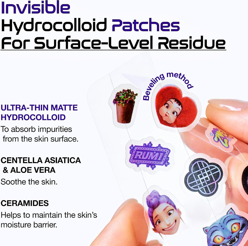 A close-up of a hand holding a Anua Ultra-Thin Spot Cover Patch over a white background with product text. The sheet contains several small oval and irregular patches, including a red heart-shaped patch with a cartoon face, a purple patch with a character, and other decorative patches.