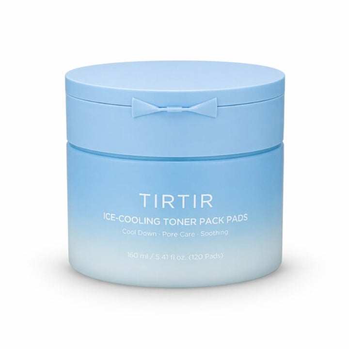 A light blue cylindrical jar of TIRTIR Ice-Cooling Toner Pack Pads on a clean white background.