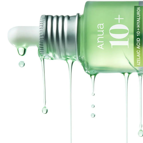 Anua Azelaic Acid 10 Hyaluron Redness Soothing Serum with dropper labeled 'anua 10+' on a white background
