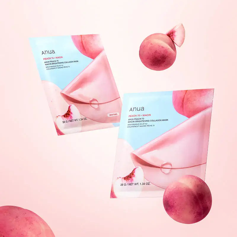 Two Anua Peach 70 + Niacin brightening collagen facial mask on a pink background with peaches.