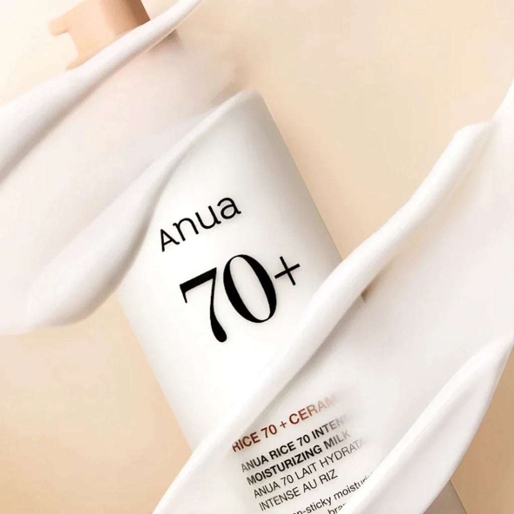 Anua Rice 70 Intensive Moisturizing Milk on a beige background
