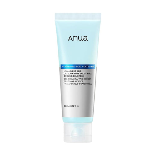 Anua Hyaluionic Acid + Catechin Pore Smoothing Cooling Gel Cream in a light blue and silver squeeze tube with a clear cap, shown on a plain white background.