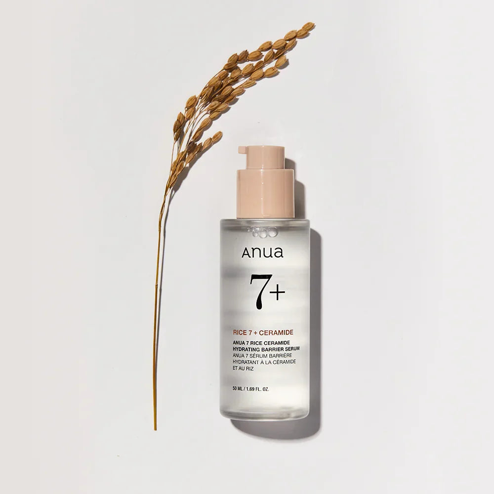 Anua 7 Rice Ceramide Hydrating Barrier Serum with a plant on a light background